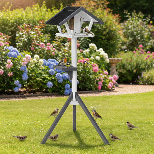 Vogelhaus Futterstation Futterhaus mit Ständer Tower Grau Weiss