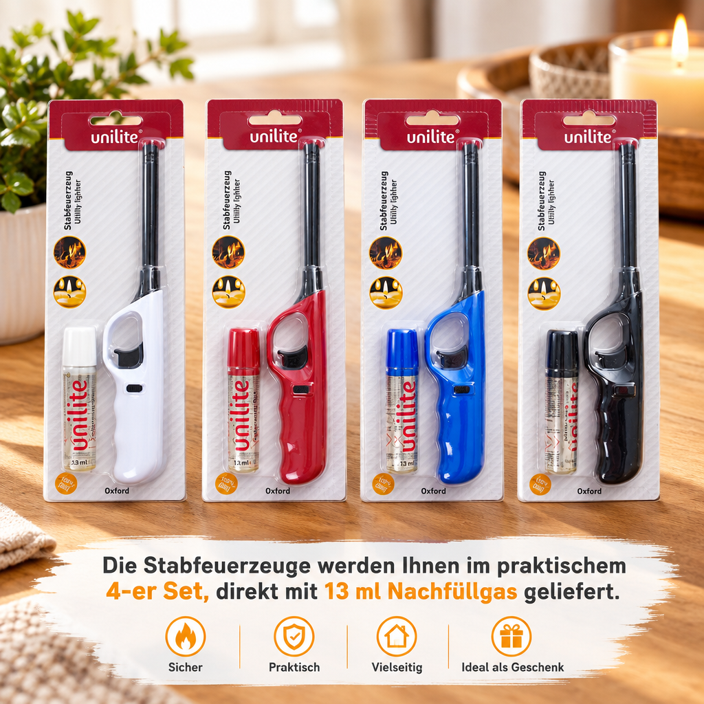 Stabfeuerzeug 4er Set mit Nachfüller (schwarz, blau, weiß, rot)